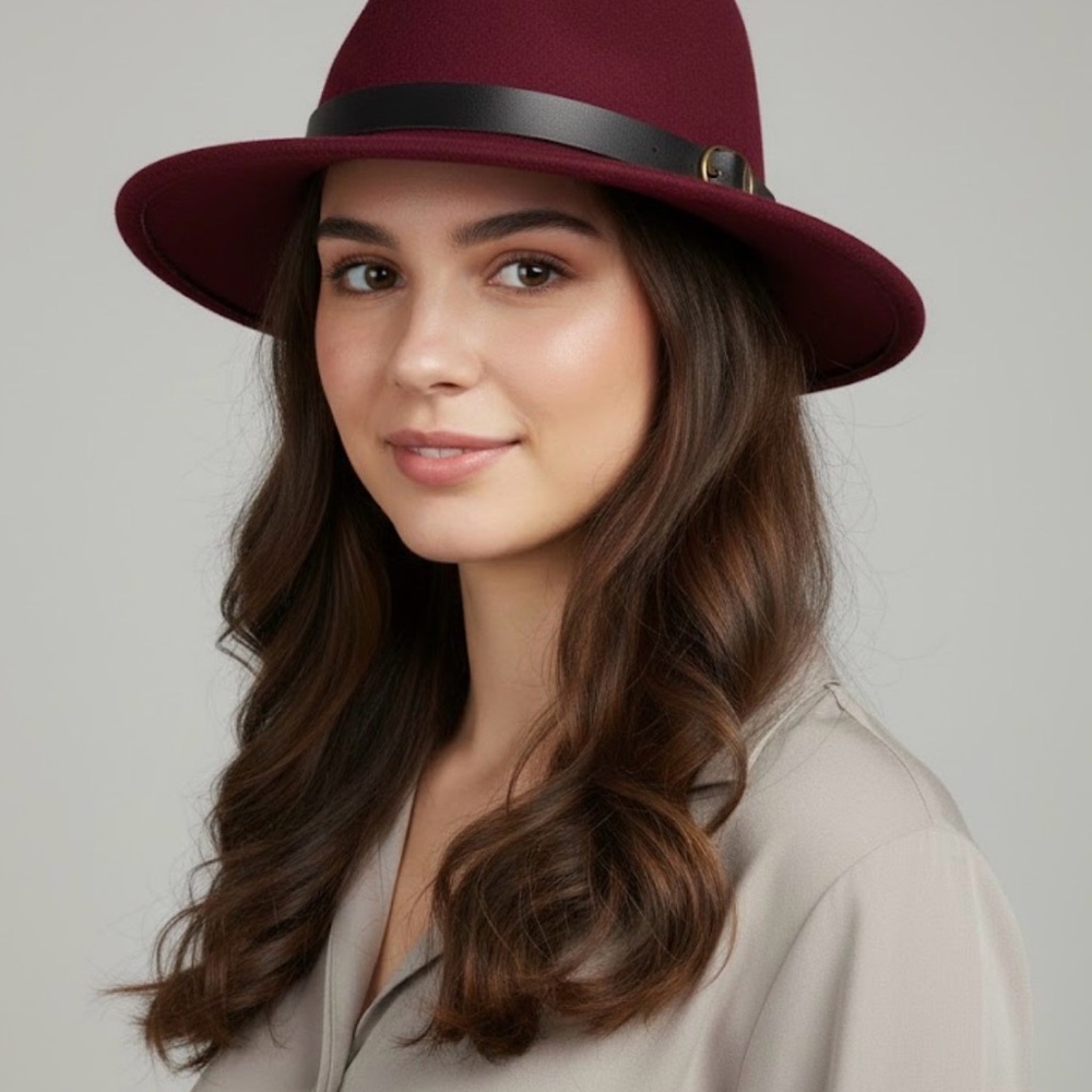 Burgundy 100% Wool Fedora Hat with Leather Band - 21" Diameter - Elegant Unisex